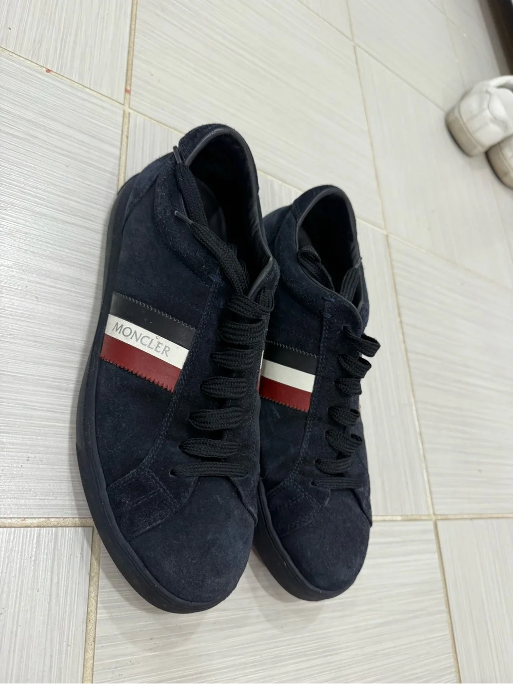 Moncler Navy Suede Sneakers with Tricolor Stripe